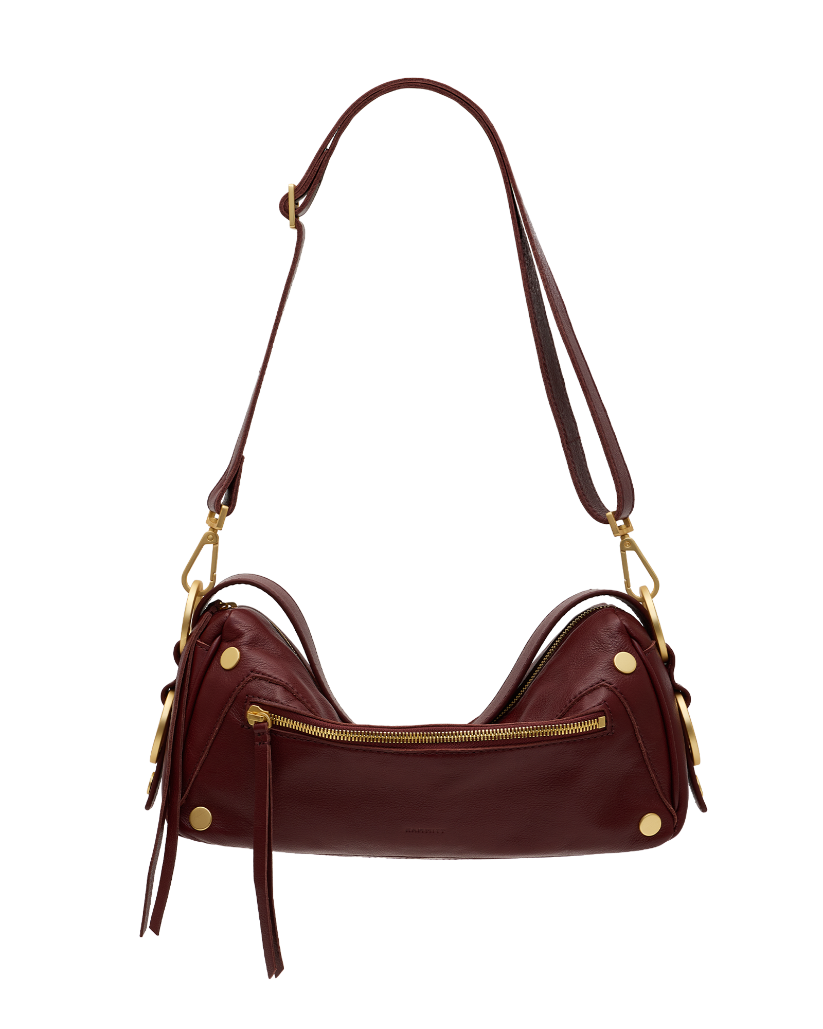 A dark burgundy leather shoulder bag with gold-tone hardware, featuring a curved silhouette, a front zip pocket, and a long shoulder strap, shown against a plain white background.