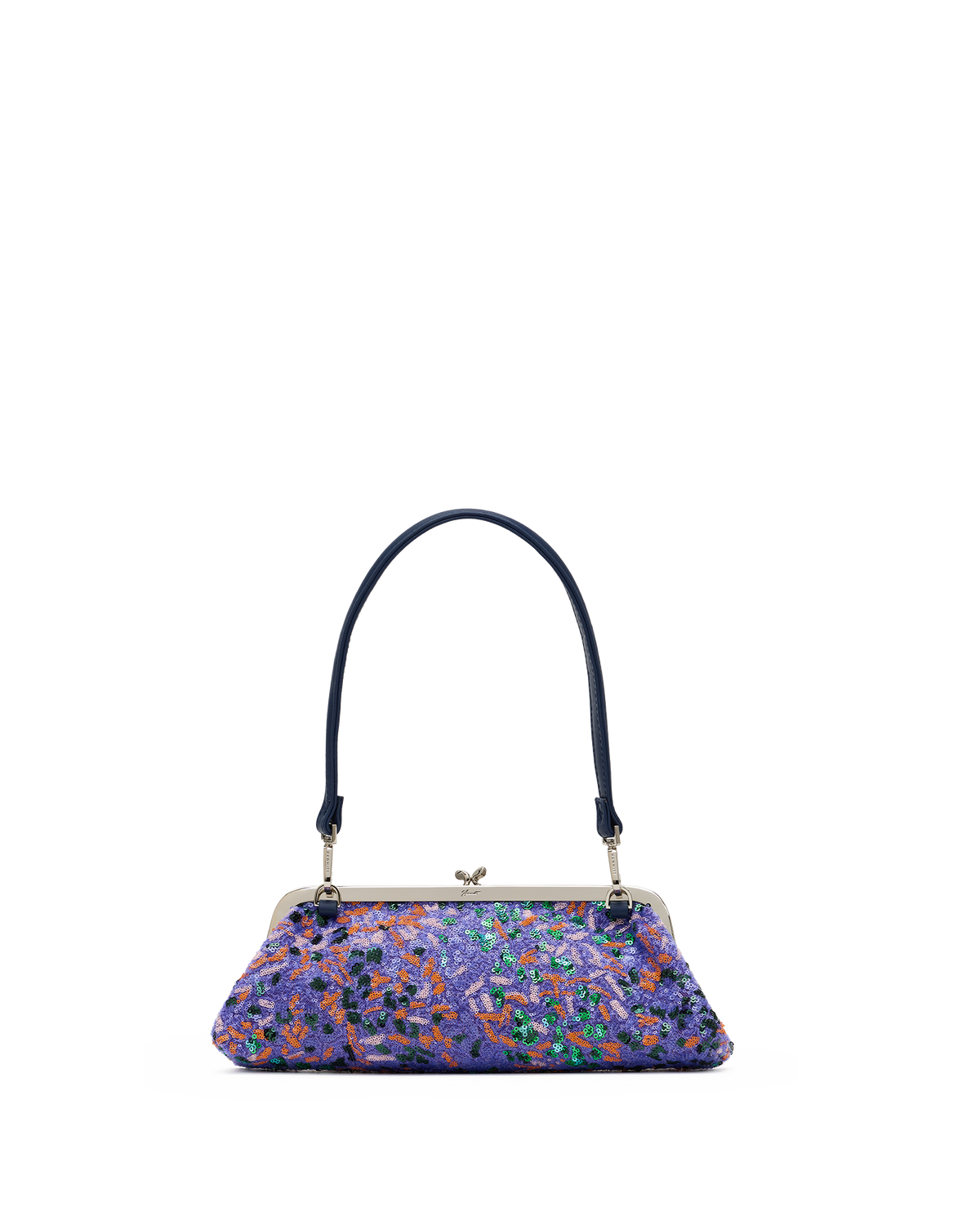 A small structured handbag with a dark navy blue handle, a silver-tone kiss-lock frame, and a vibrant multicolor floral patterned body, shown against a plain white background.