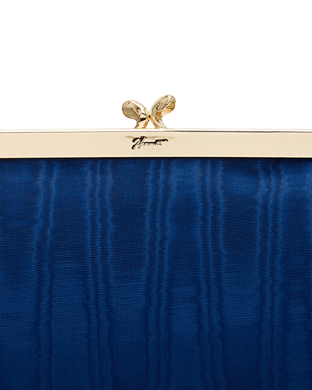 Close-up of a blue textured clutch bag with a gold metal frame and a decorative gold clasp on a white background.