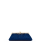 A dark blue textured clutch purse with a gold-tone metal frame and bow clasp, centered against a solid white background.