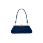 A navy blue velvet evening bag with a gold-tone kiss-lock frame and a matching navy blue shoulder strap, shown against a plain white background.