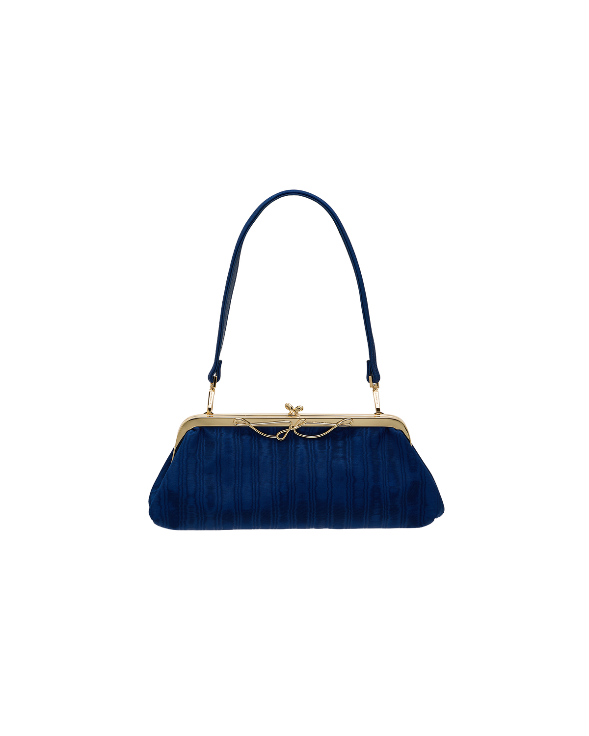 A navy blue velvet evening bag with a gold-tone kiss-lock frame and a matching navy blue shoulder strap, shown against a plain white background.