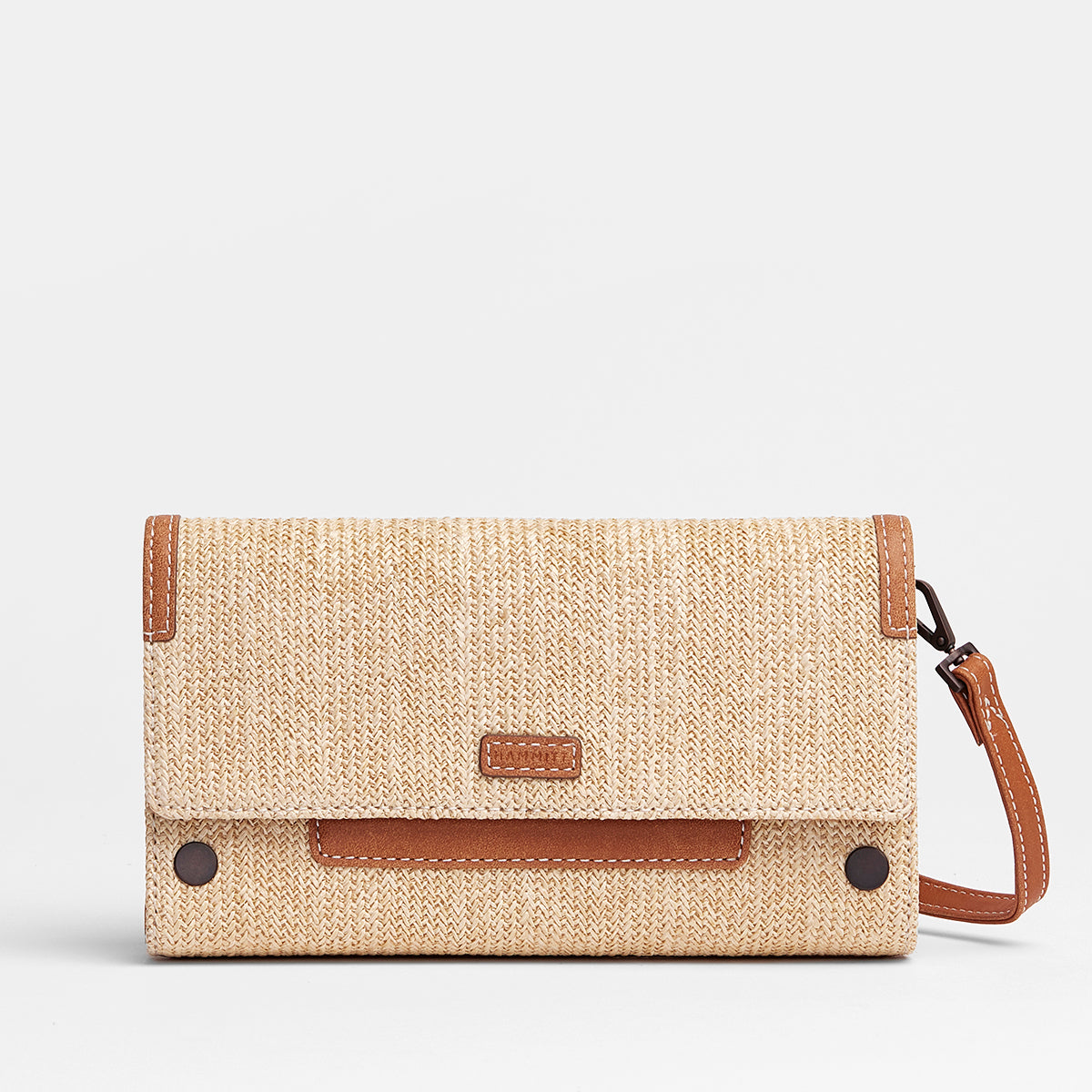 AJ-Crossbody-Clutch-Saddle-Raffia-Front-View